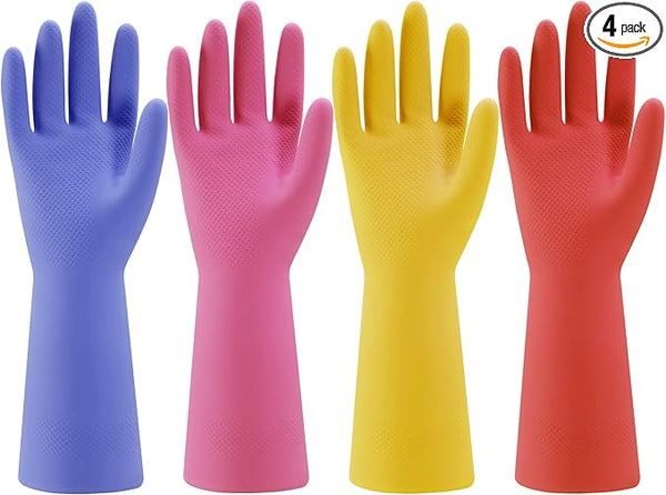 4 Pairs Rubber Kitchen Gloves – Reusable, Non-Slip, Colorful (Medium)