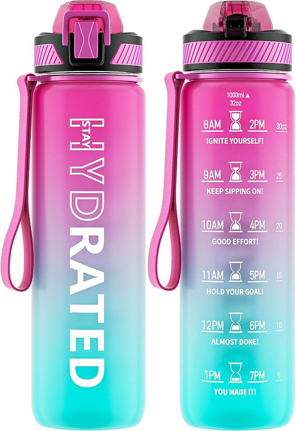 32oz Motivational Water Bottle with Straw & Time Marker (BPA-Free)